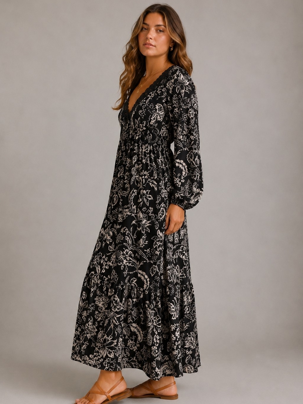 Black Floral Boho Maxi Dress Tiered long sleeves Cottagecore Peasant